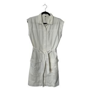 YFB Utility Shirt Mini Dress Size M White Denim Button Front Tie Waist Pockets